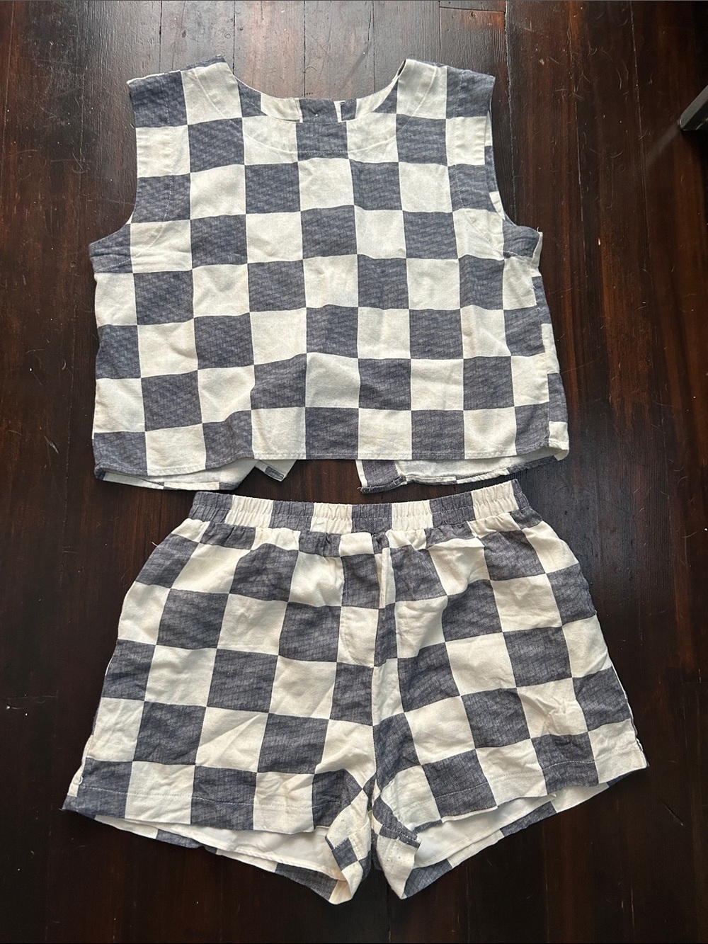 Checkerboard Crop Tank and Shorts Set - Blue & White